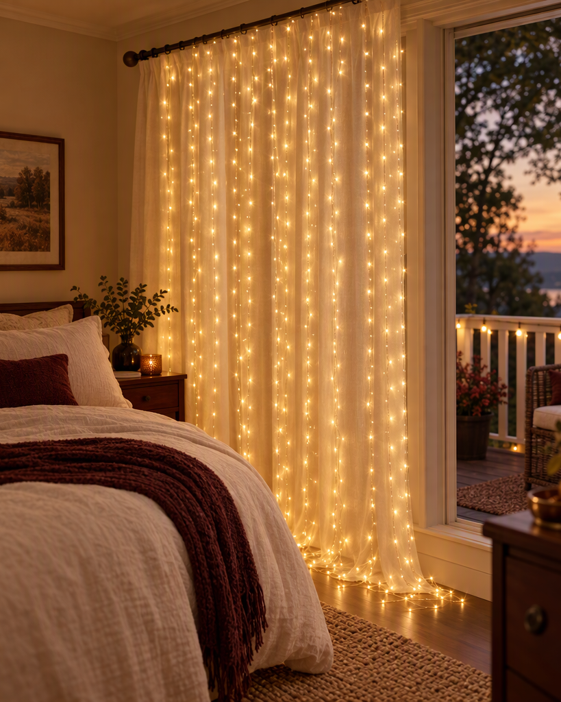 Warm white curtain string lights glowing across sunroom windows