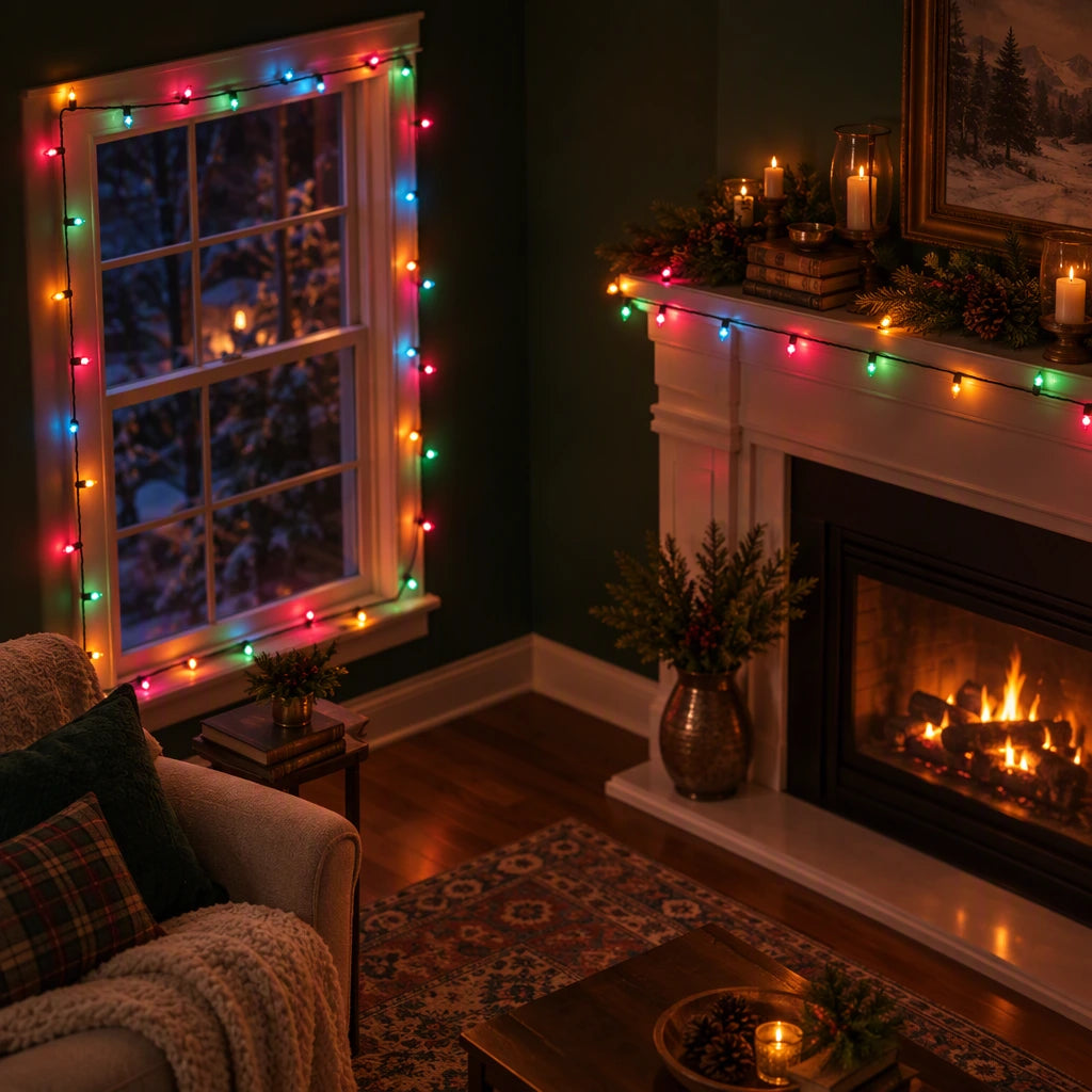 Indoor window and mantel decorated with multicolor lights