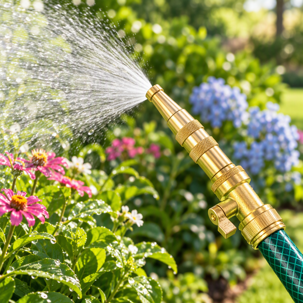 Brass twist hose nozzle spraying water onto garden plants