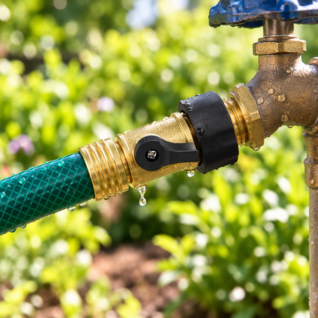 Brass garden hose shut-off valve connected on a hose in a sunny garden