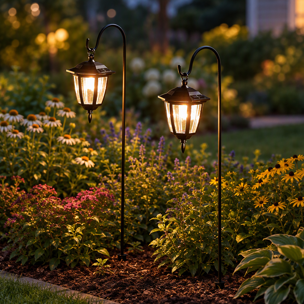 Hanging solar lanterns glowing in a garden flower bed at dusk