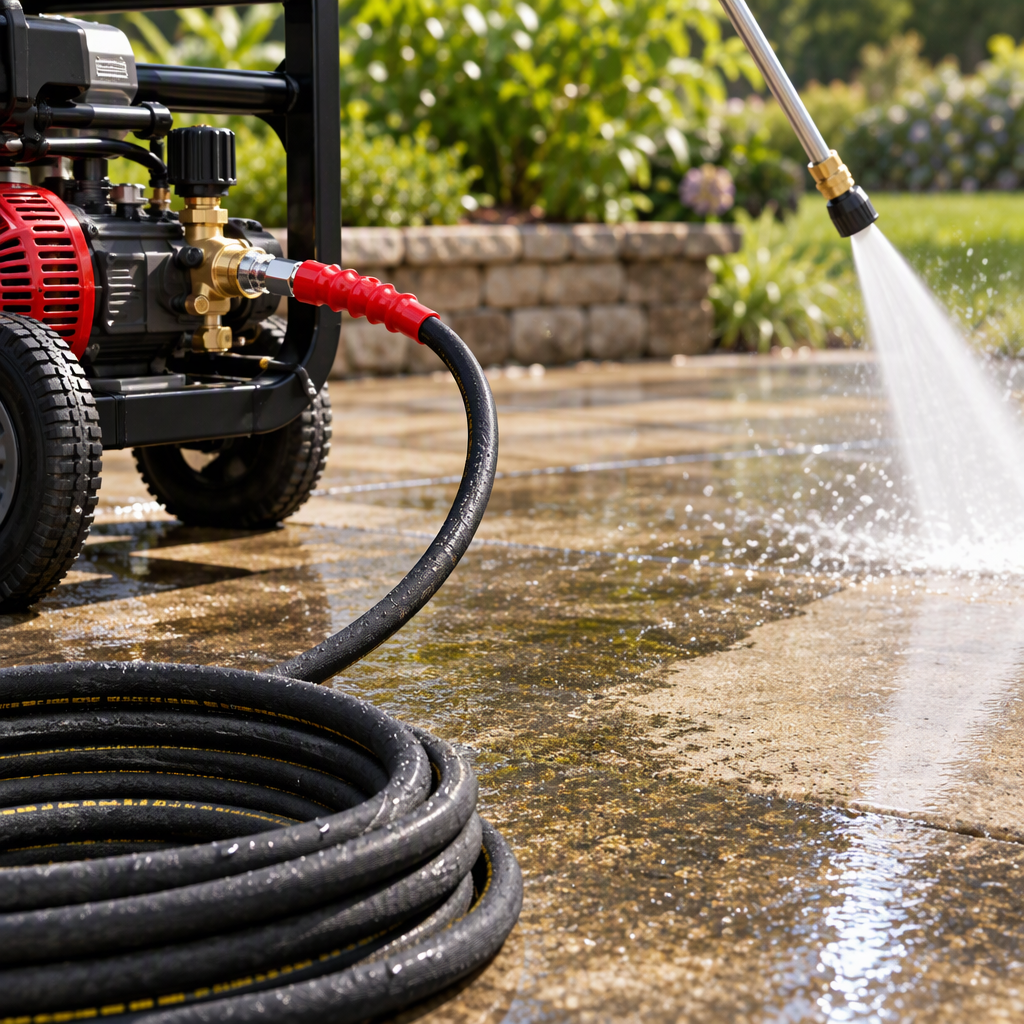 Pressure washer hose spraying water to clean a concrete patio