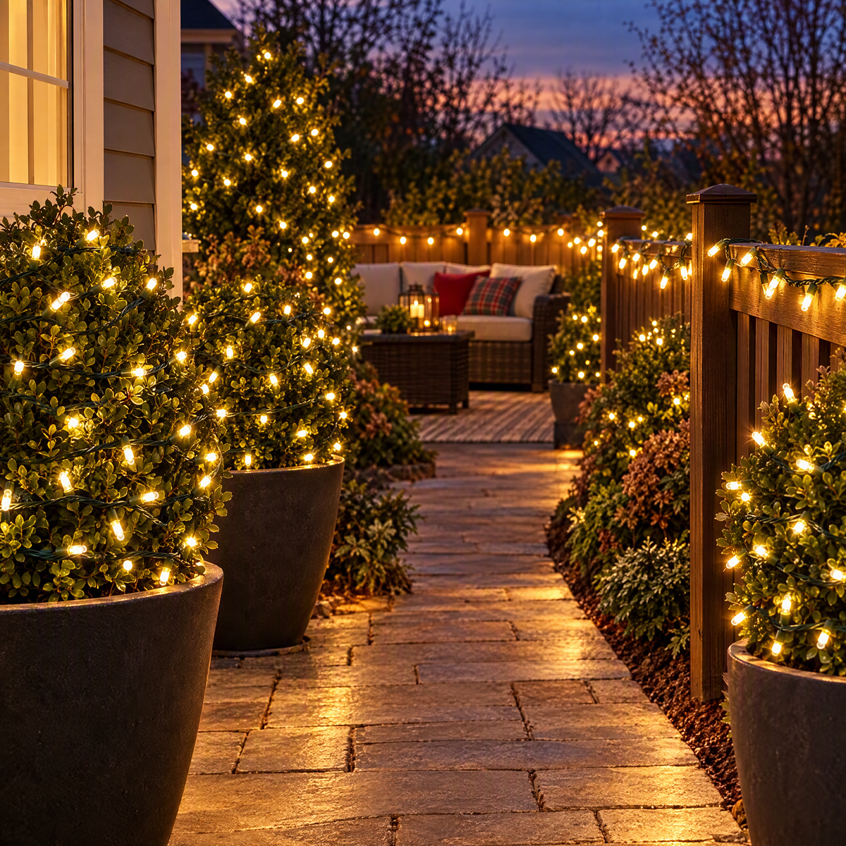 Outdoor patio or wedding arch decorated with the string lights