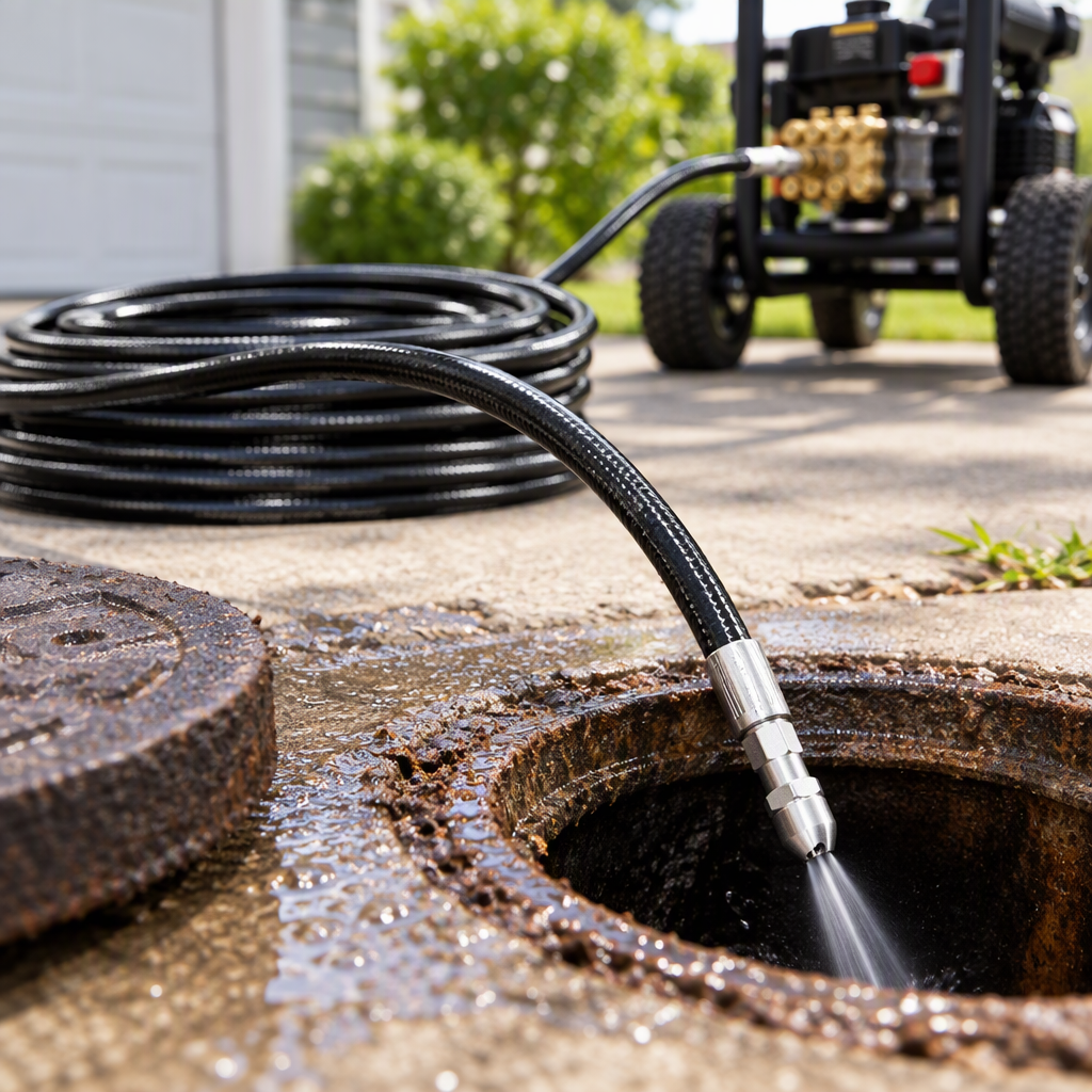 Sewer jetter hose being fed into a drain cleanout pipe