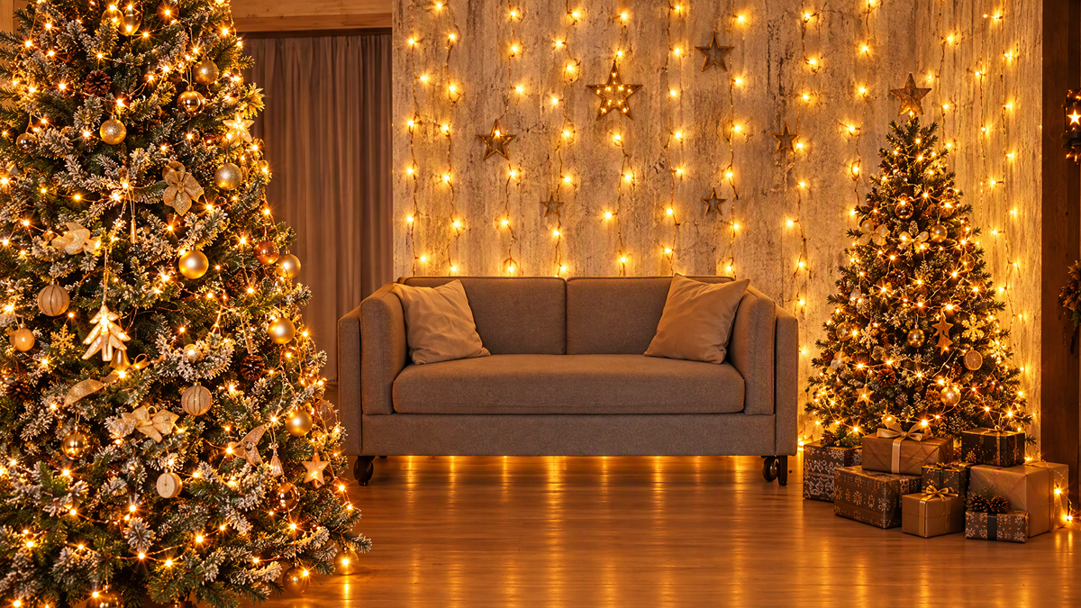 Indoor Christmas tree wrapped with warm white copper wire lights