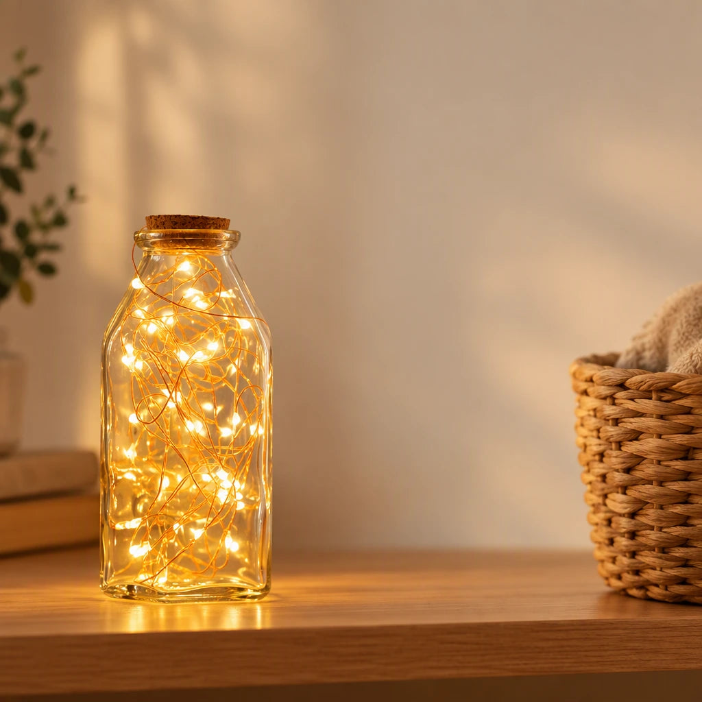 Glass jar filled with the string lights on a shelf