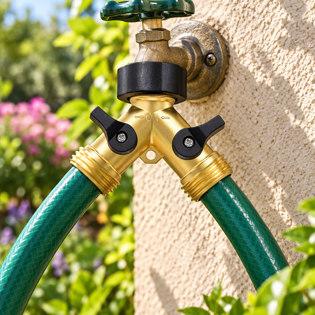 2-way brass garden hose Y-splitter attached to an outdoor spigot