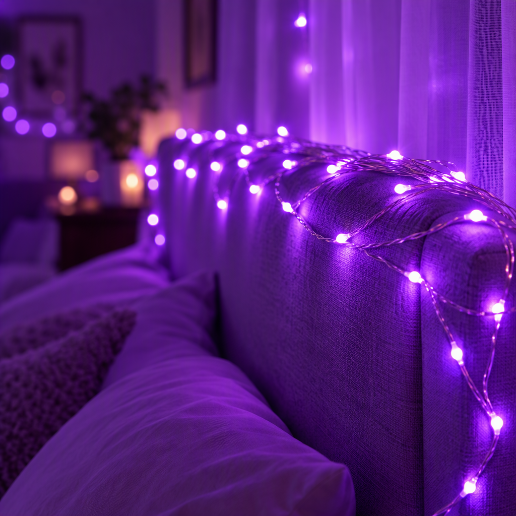 Purple LED string lights draped along a bedroom headboard