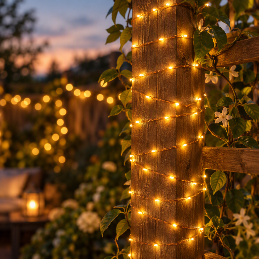 Warm white LED copper string lights wrapped around a garden trellis at dusk