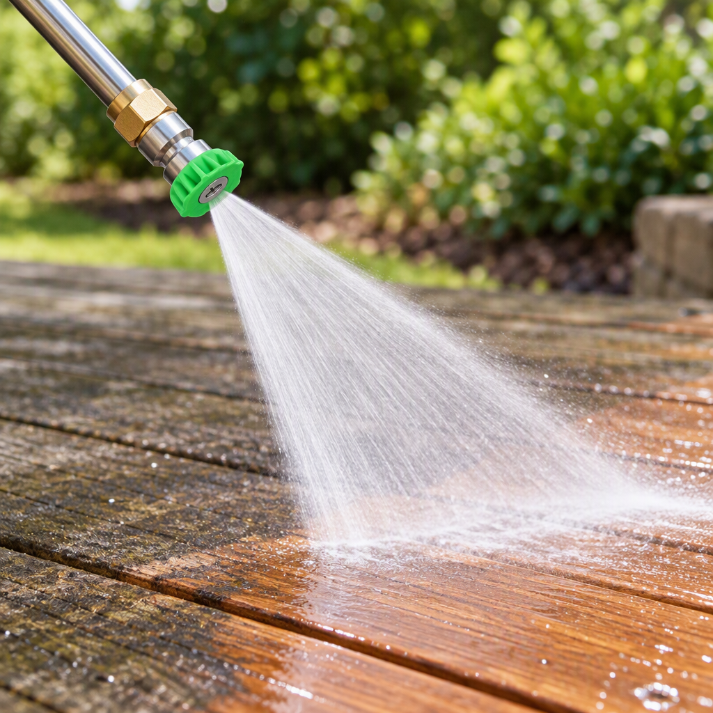 Pressure washer nozzle tip spraying a fan jet to clean a deck