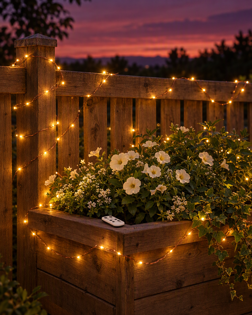 Copper wire fairy lights shaped around a picket fence planter of flowers
