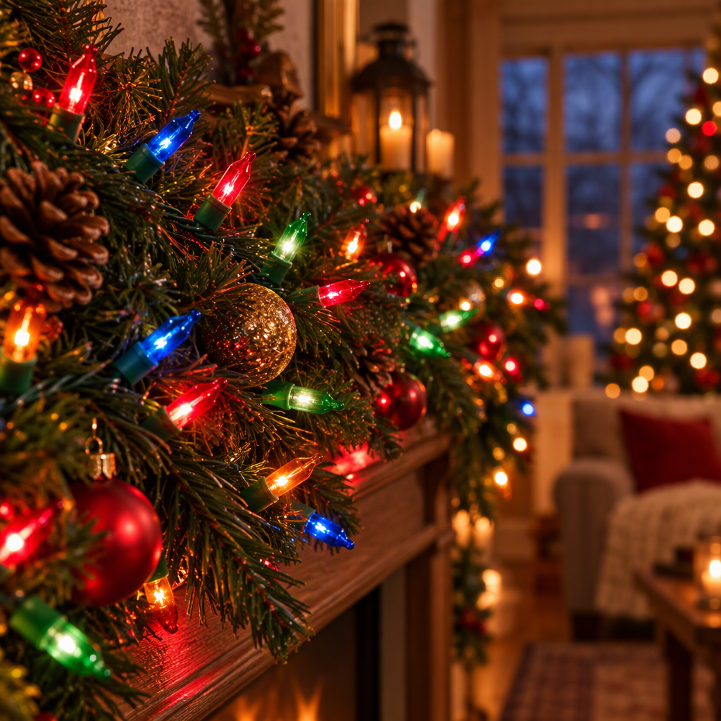 Multicolor incandescent mini Christmas lights woven through a pine garland