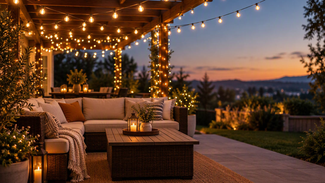 Warm white string lights glowing over an outdoor wedding reception table with candles and florals at dusk