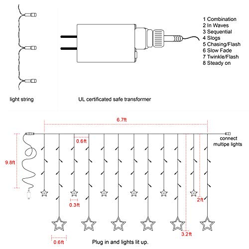 Twinkle Star 12 Stars 138 LED Curtain String Lights, Window Curtain Lights with 8 Flashing Modes Ramadan Decoration for Christmas, Wedding, Party, Home Decorations (Warm White) - Twinkle Star