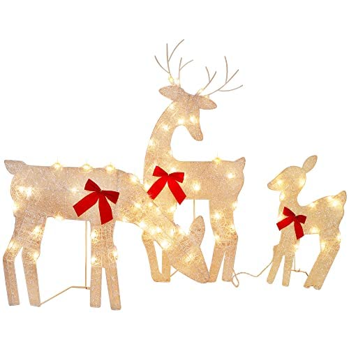 Twinkle Star 3 Pack Tinsel Reindeer Family Lighted 2D Deer Christmas Decor, with Clear 60 Count Lights, Light Up Buck, Doe and Fawn Indoor or Outdoor Yard Lawn Festive Holiday Decoration - Twinkle Star