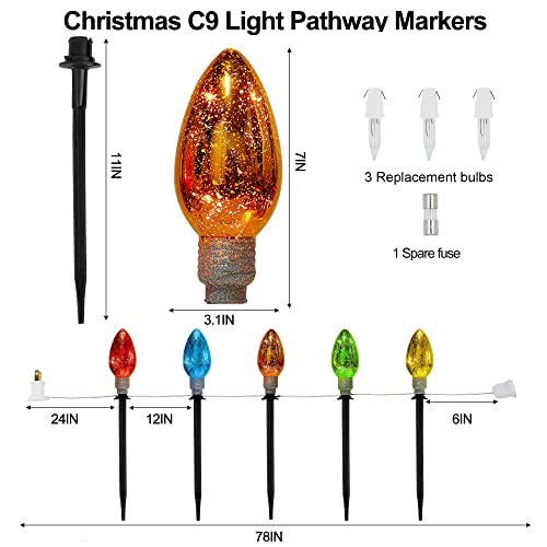 Twinkle Star Christmas Pathway Lights, C9 Lights, 5 Pack Large Multicolored Bulbs with Pathway Marker Stakes, Connectable Incandescent Decorative Lights for Holiday Patio Garden Christmas Dec - Twinkle Star