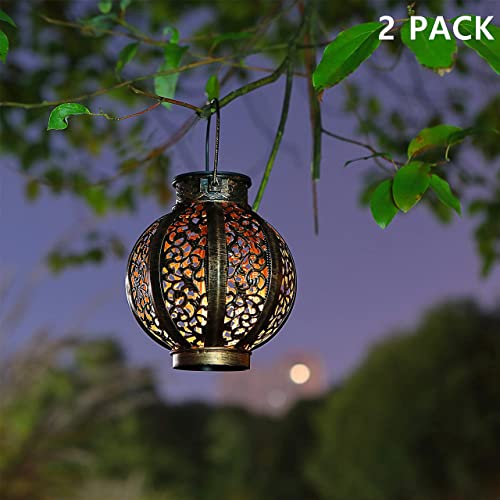 MAGGIFT 2 Pack Hanging Solar Lights,Outdoor Ramadan Solar Lanterns Decorations,Waterproof Hanging Solar Light 6 Lumens,Brown - Twinkle Star