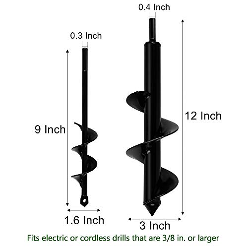 Twinkle Star 2 Pack Garden Auger Spiral Drill Bit Set, 1.6 x 9 Inch & 3 x 12 Inch with Garden Gloves, Plant Bulb Auger Fits for 3/8 Inch Dill for Bedding Plants and Digging Weeds Roots - Twinkle Star