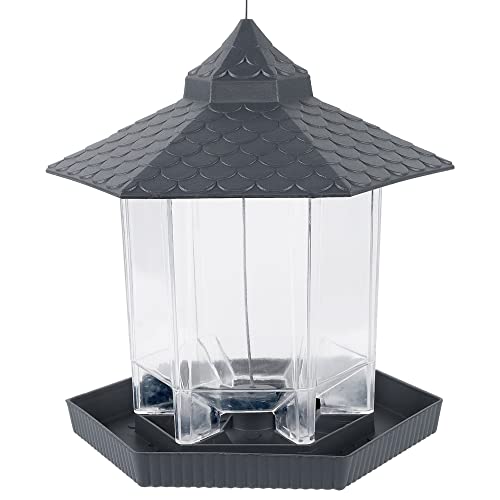 Twinkle Star Wild Bird Feeder Hanging for Garden Yard Outside Decoration, Panorama Gazebo Birdfeeder, Hexagon Shaped with Roof, Grey - Twinkle Star