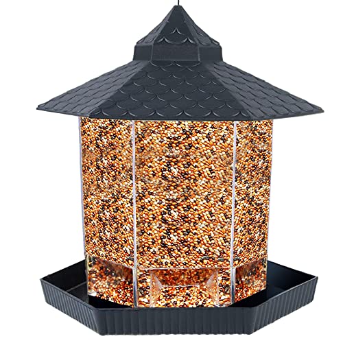 Twinkle Star Wild Bird Feeder Hanging for Garden Yard Outside Decoration, Panorama Gazebo Birdfeeder, Hexagon Shaped with Roof, Grey - Twinkle Star