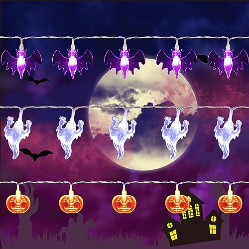 Twinkle Star Halloween String Lights, Set of 3 Total 90 LED 35.4 FT Purple Bat, White Ghost, Orange Pumpkin String Lights Battery Operated Indoor Party Bedroom Home Festival Decoration - Twinkle Star