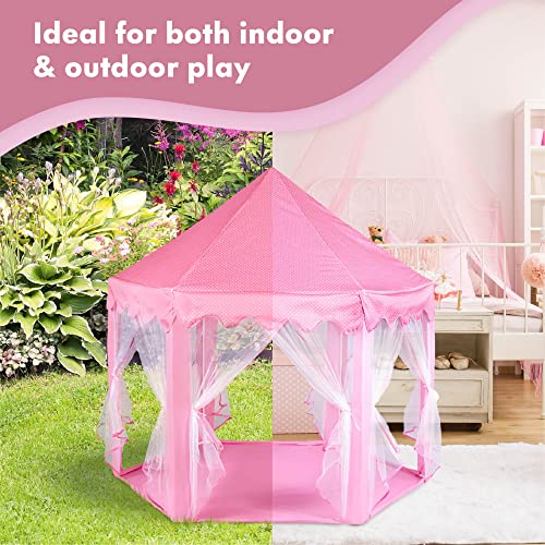 Twinkle Star 55"x 53" Princess Castle Play Tent for Girls Playhouse with 138 LED Star String Lights and Banners Decor, Kids Game House for Indoor Outdoor Game(Pink) - Twinkle Star