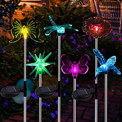 MAGGIFT 6 Pack Outdoor Solar Figurine Lights, Solar Powered Garden Stake Light, Color Changing LED Landscape Lighting, Sparkling Star Flower Hummingbird Butterfly Dragonfly Bee for Patio Yard - Twinkle Star