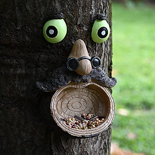 ALLADINBOX Tree Face Birdfeeder - Old Man with Glowing Eyes and Glasses in Dark Outdoor Tree Hugger Sculpture - Whimsical Garden Decoration and Wild Birdfeeder Yard Art - Twinkle Star