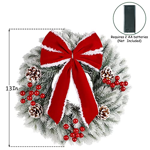 Twinkle Star 2 Pack Lighted Christmas Wreaths, 13 Inch Pre-lit Small Xmas Wreath with Large Red Bow, Pine Needle Wreath with LED Lights, for Front Door Holiday Wall Christmas Party Decoration - Twinkle Star