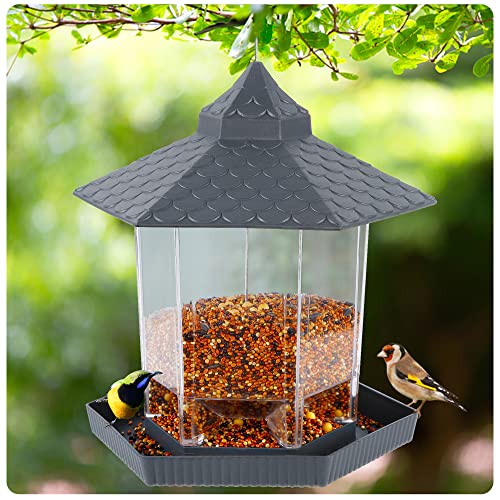 Twinkle Star Wild Bird Feeder Hanging for Garden Yard Outside Decoration, Panorama Gazebo Birdfeeder, Hexagon Shaped with Roof, Grey - Twinkle Star