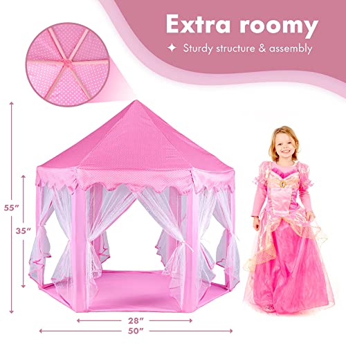 Twinkle Star 55"x 53" Princess Castle Play Tent for Girls Playhouse with 138 LED Star String Lights and Banners Decor, Kids Game House for Indoor Outdoor Game(Pink) - Twinkle Star