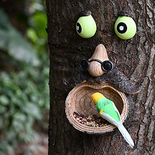 ALLADINBOX Tree Face Birdfeeder - Old Man with Glowing Eyes and Glasses in Dark Outdoor Tree Hugger Sculpture - Whimsical Garden Decoration and Wild Birdfeeder Yard Art - Twinkle Star