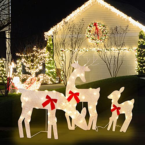 Twinkle Star 3 Pack Tinsel Reindeer Family Lighted 2D Deer Christmas Decor, with Clear 60 Count Lights, Light Up Buck, Doe and Fawn Indoor or Outdoor Yard Lawn Festive Holiday Decoration - Twinkle Star