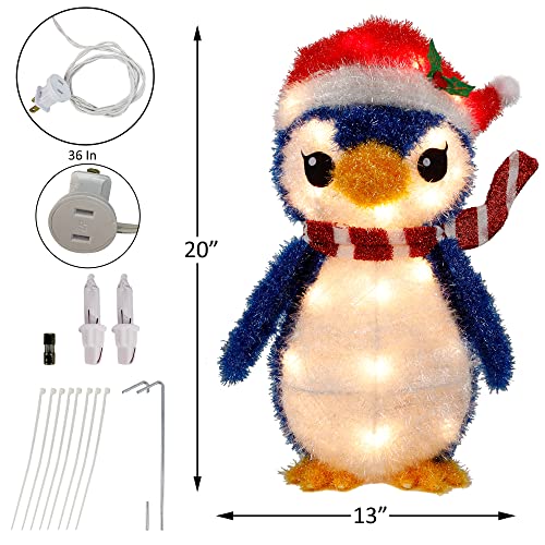 Twinkle Star Lighted Christmas Tinsel Penguin Decorations, 20 Inch Pre-Lit Light Up Blue Penguin with 35 Count Clear Incandescent Lights, Indoor or Outdoor Yard Lawn Festive Holiday Decoratio - Twinkle Star