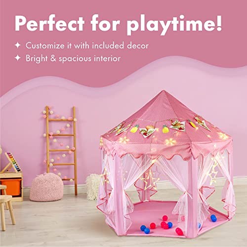 Twinkle Star 55"x 53" Princess Castle Play Tent for Girls Playhouse with 138 LED Star String Lights and Banners Decor, Kids Game House for Indoor Outdoor Game(Pink) - Twinkle Star