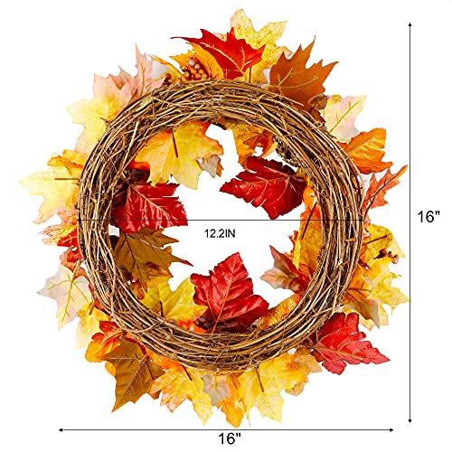 Twinkle Star 16" Fall Wreath, Autumn Harvest Wreath, Pumpkins and Artificial Maple Leaves, Pine Cone and Berries, for Front Door Wall Indoor Outdoor Halloween Thanksgiving Decorations - Twinkle Star