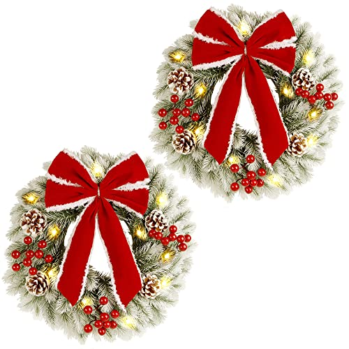 Twinkle Star 2 Pack Lighted Christmas Wreaths, 13 Inch Pre-lit Small Xmas Wreath with Large Red Bow, Pine Needle Wreath with LED Lights, for Front Door Holiday Wall Christmas Party Decoration - Twinkle Star