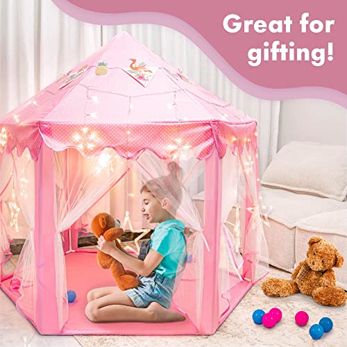 Twinkle Star 55"x 53" Princess Castle Play Tent for Girls Playhouse with 138 LED Star String Lights and Banners Decor, Kids Game House for Indoor Outdoor Game(Pink) - Twinkle Star