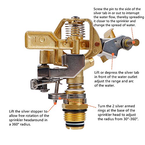 Twinkle Star 1/2 Inch Brass Impact Sprinkler, Heavy Duty Sprinkler Head with Nozzles, Adjustable 0-360 Degrees Pattern, Watering Sprinklers for Yard, Lawn and Grass Irrigation, 3 Pack - Twinkle Star