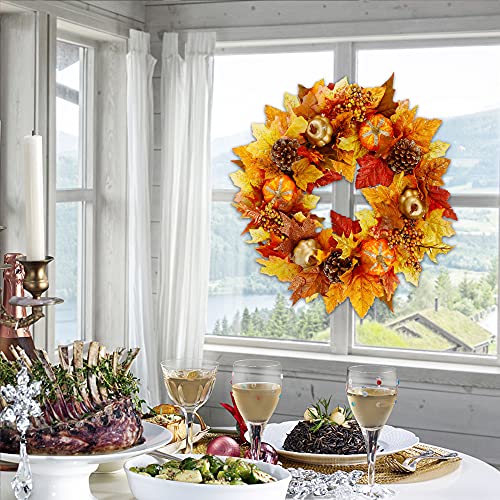 Twinkle Star 16" Fall Wreath, Autumn Harvest Wreath, Pumpkins and Artificial Maple Leaves, Pine Cone and Berries, for Front Door Wall Indoor Outdoor Halloween Thanksgiving Decorations - Twinkle Star