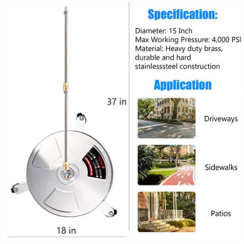 Twinkle Star 15" Pressure Washer Surface Cleaner with 3 Wheels, Stainless Steel Housing & 1/4" Quick Connector, Power Washer Attachment with 2 Extension Wand, 2 Replacement Nozzles, 4000 PSI - Twinkle Star