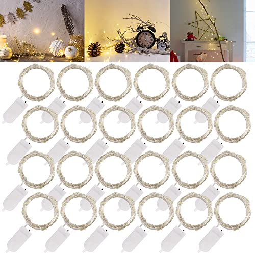 Twinkle Star 24 Pack Fairy String Lights Cell Battery Operated, 20 LED 6.5 FT Waterproof Silver Wire Firefly Lights Starry Lights for Indoor Christmas Party Table Decoration, Warm White - Twinkle Star