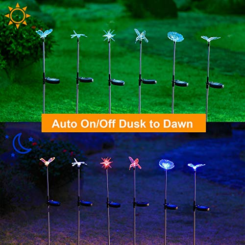 6 Pack Outdoor Solar Figurine Lights, Solar Powered Garden Stake Light, Color Changing LED Landscape Lighting, Sparkling Star Flower Hummingbird Butterfly Dragonfly Bee for Patio Yard - Twinkle Star