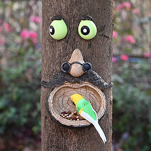 ALLADINBOX Tree Face Birdfeeder - Old Man with Glowing Eyes and Glasses in Dark Outdoor Tree Hugger Sculpture - Whimsical Garden Decoration and Wild Birdfeeder Yard Art - Twinkle Star