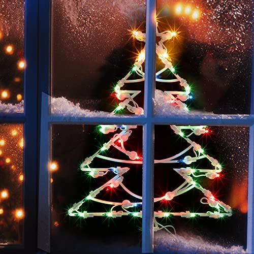 Twinkle Star 2 Pack Christmas Window Silhouette Lights, Lighted Santa Claus and Xmas Tree Double Sided Decorations with 100 Count Incandescent Mini Light, for Holiday Indoor Wall Door Glass D - Twinkle Star