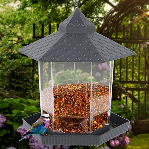 Twinkle Star Wild Bird Feeder Hanging for Garden Yard Outside Decoration, Panorama Gazebo Birdfeeder, Hexagon Shaped with Roof, Grey - Twinkle Star