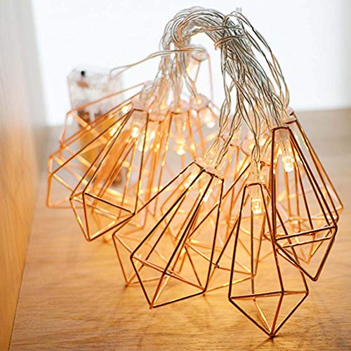 Twinkle Star 10 LED 6.6 ft Diamond String Lights Battery Operated, Geometric String Lights Warm White, Rose Gold Metal Lamps Decor for Indoor Wedding Party Bedroom Christmas - Twinkle Star