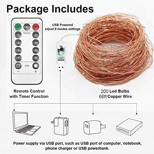 Twinkle Star 200 LED 66 FT Copper Fairy String Lights 8 Modes LED, USB Powered with Remote Control for Christmas Tree Wedding Party Home Decoration, Warm White - Twinkle Star