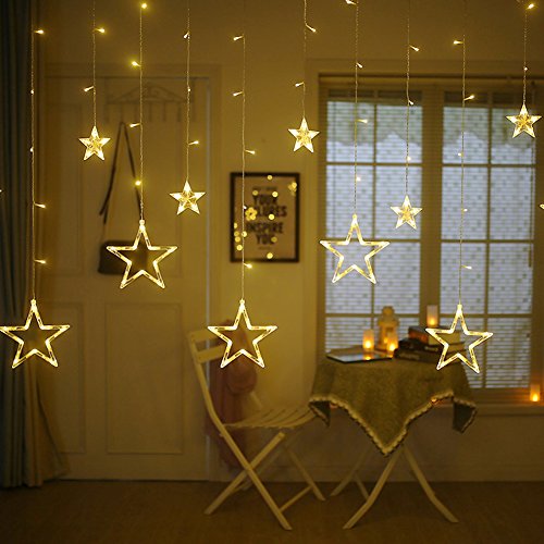 Twinkle Star 12 Stars 138 LED Curtain String Lights, Window Curtain Lights with 8 Flashing Modes Ramadan Decoration for Christmas, Wedding, Party, Home Decorations (Warm White) - Twinkle Star