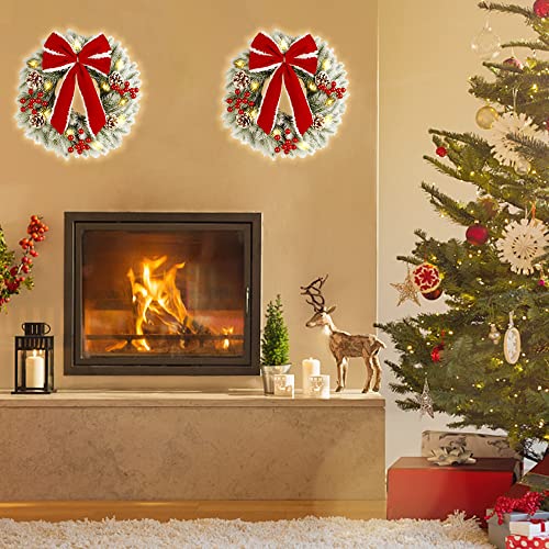 Twinkle Star 2 Pack Lighted Christmas Wreaths, 13 Inch Pre-lit Small Xmas Wreath with Large Red Bow, Pine Needle Wreath with LED Lights, for Front Door Holiday Wall Christmas Party Decoration - Twinkle Star